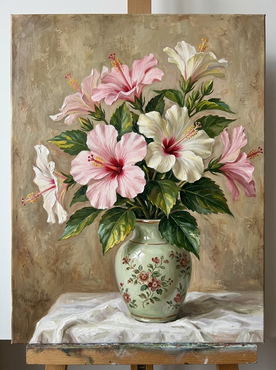 一束芙蓉花的静物画